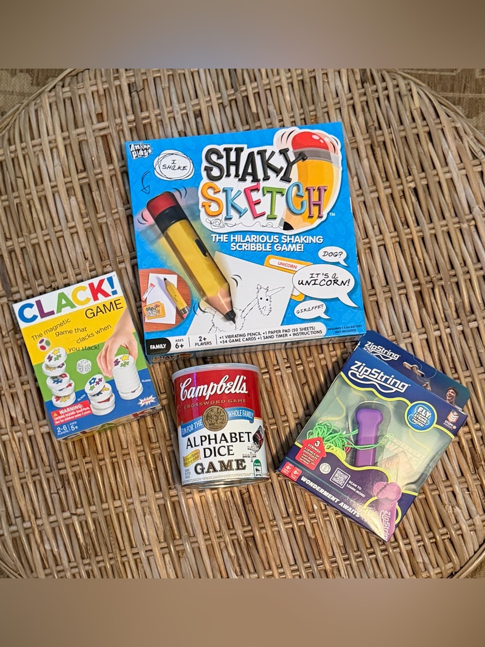 (4) Kids Games: Shaky Sketch + Clack + ZipString + Campbell's Alphabet Dice Game